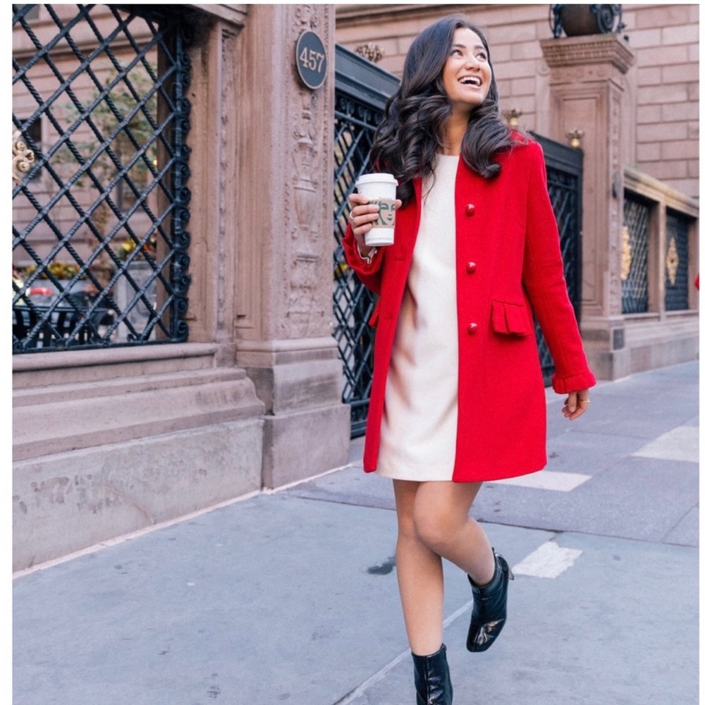 Gal Meets Glam Women's Emilia XS Valentine Red Wool Blend Coat Cute Ruffle Trim‎